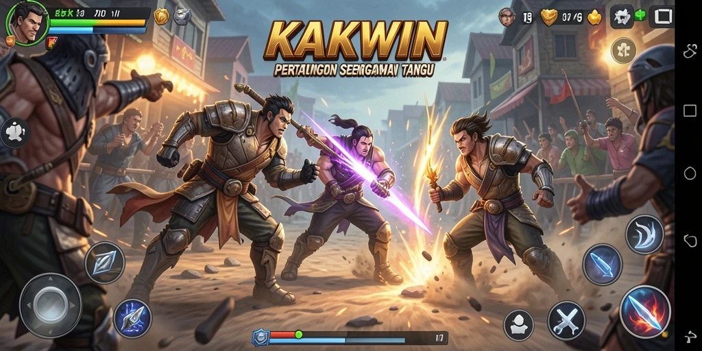 Screenshot utama KAKWIN menampilkan pertarungan seru antar karakter.